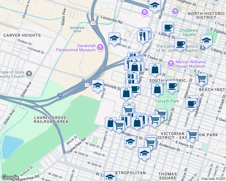 map of restaurants, bars, coffee shops, grocery stores, and more near 627 Emerald Drive in Savannah