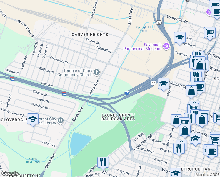 map of restaurants, bars, coffee shops, grocery stores, and more near 1115 Darwin Street in Savannah