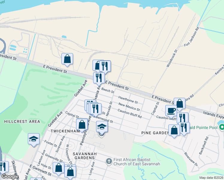 map of restaurants, bars, coffee shops, grocery stores, and more near 2040 Beech Street in Savannah