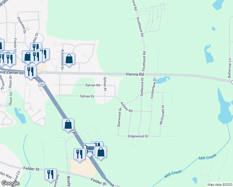 map of restaurants, bars, coffee shops, grocery stores, and more near 221 Sylvan Road in Americus