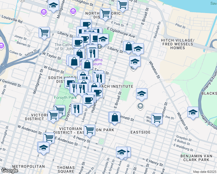 map of restaurants, bars, coffee shops, grocery stores, and more near 501 Price Street in Savannah