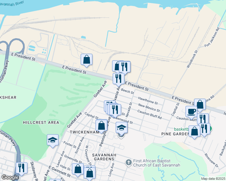 map of restaurants, bars, coffee shops, grocery stores, and more near 1932 Hawthorne Street in Savannah