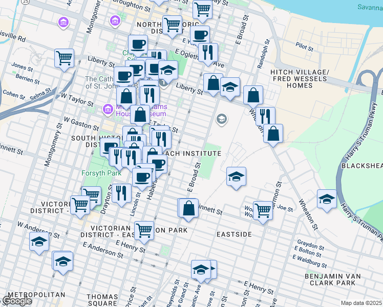 map of restaurants, bars, coffee shops, grocery stores, and more near 542 East Gaston Street in Savannah