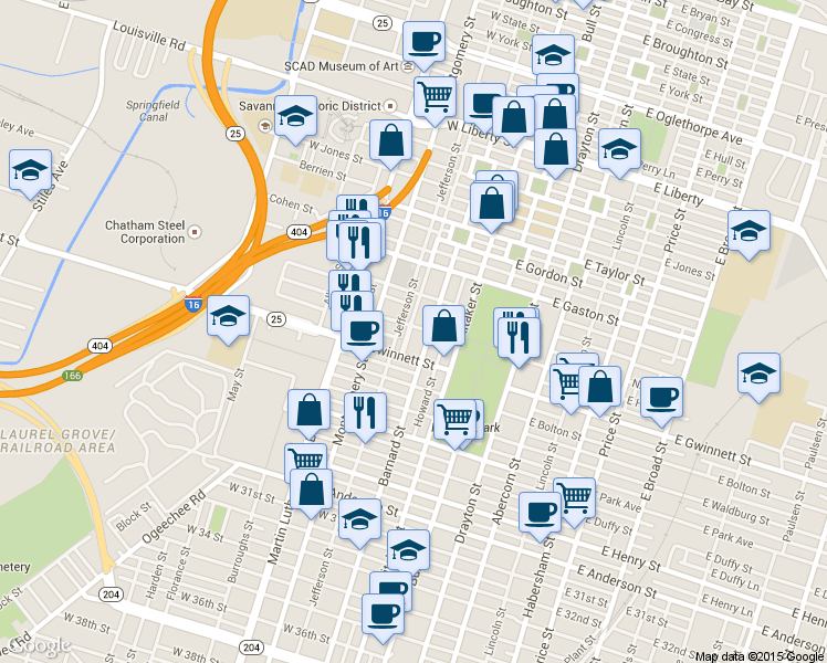 map of restaurants, bars, coffee shops, grocery stores, and more near 215 West Hall Street in Savannah