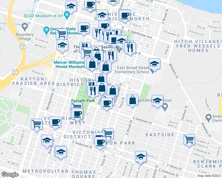 map of restaurants, bars, coffee shops, grocery stores, and more near 511 Lincoln Street in Savannah