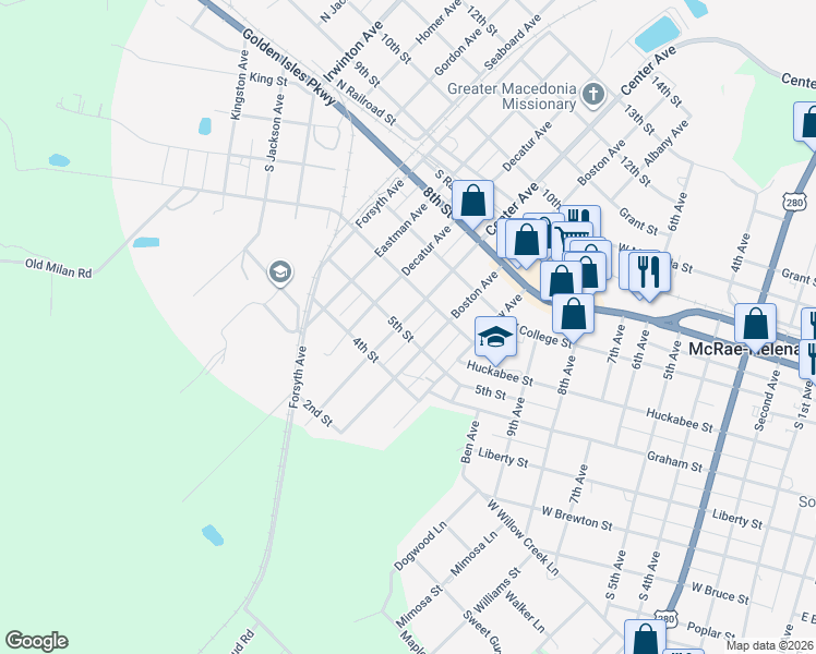 map of restaurants, bars, coffee shops, grocery stores, and more near 52 5th Street in McRae-Helena
