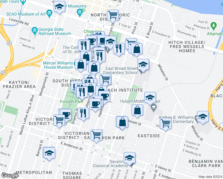 map of restaurants, bars, coffee shops, grocery stores, and more near 409 East Gaston Street in Savannah