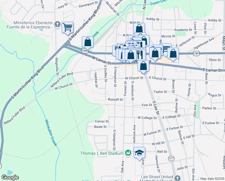 map of restaurants, bars, coffee shops, grocery stores, and more near 247 South Hampton Street in Americus