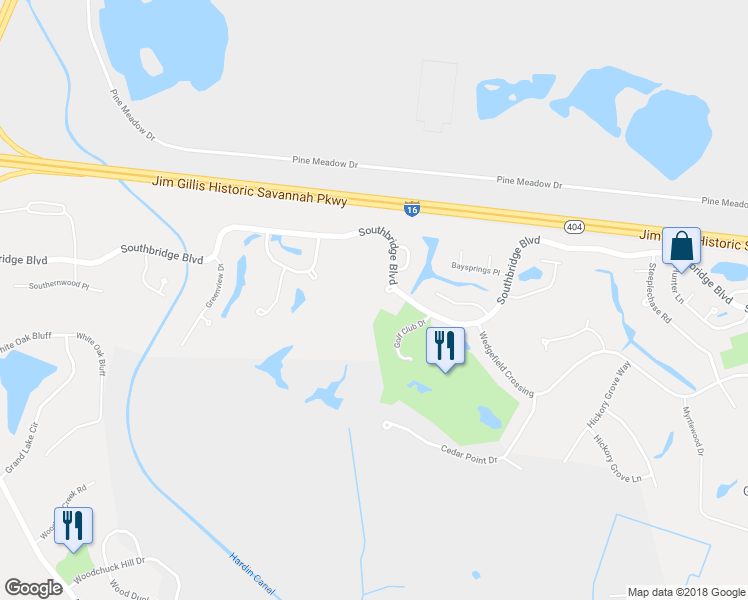 map of restaurants, bars, coffee shops, grocery stores, and more near 507 Southbridge Boulevard in Savannah