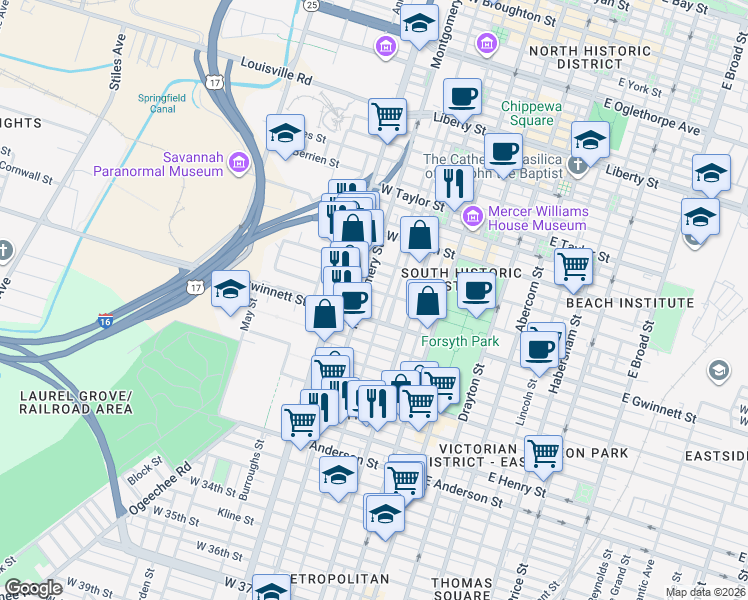 map of restaurants, bars, coffee shops, grocery stores, and more near 316 West Gwinnett Street in Savannah