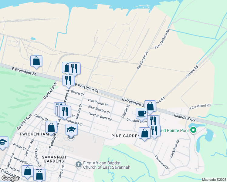 map of restaurants, bars, coffee shops, grocery stores, and more near 3 Woodcock Rd in Savannah