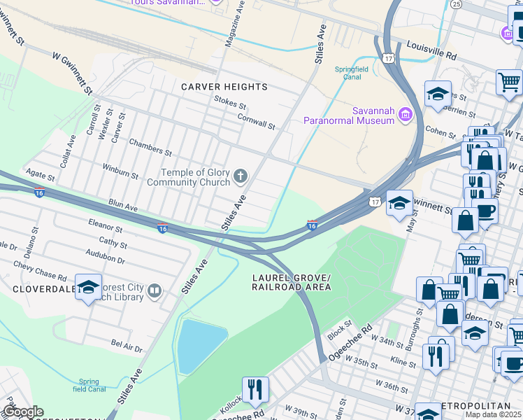 map of restaurants, bars, coffee shops, grocery stores, and more near 1115 Darwin Street in Savannah