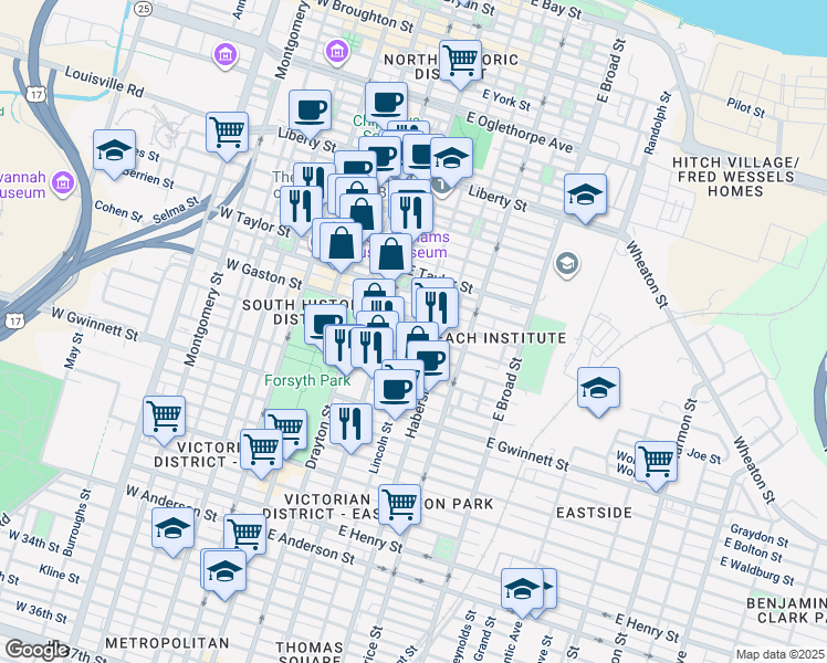 map of restaurants, bars, coffee shops, grocery stores, and more near 314 East Huntingdon Street in Savannah