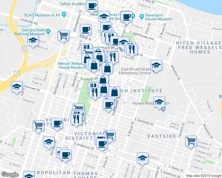 map of restaurants, bars, coffee shops, grocery stores, and more near 213 East Gaston Lane in Savannah