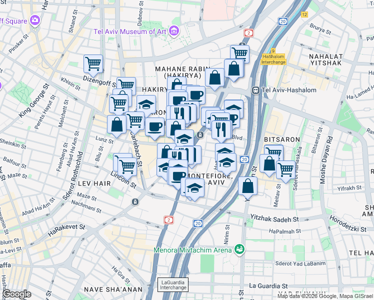 map of restaurants, bars, coffee shops, grocery stores, and more near Derech Menachem Begin in Tel Aviv-Yafo