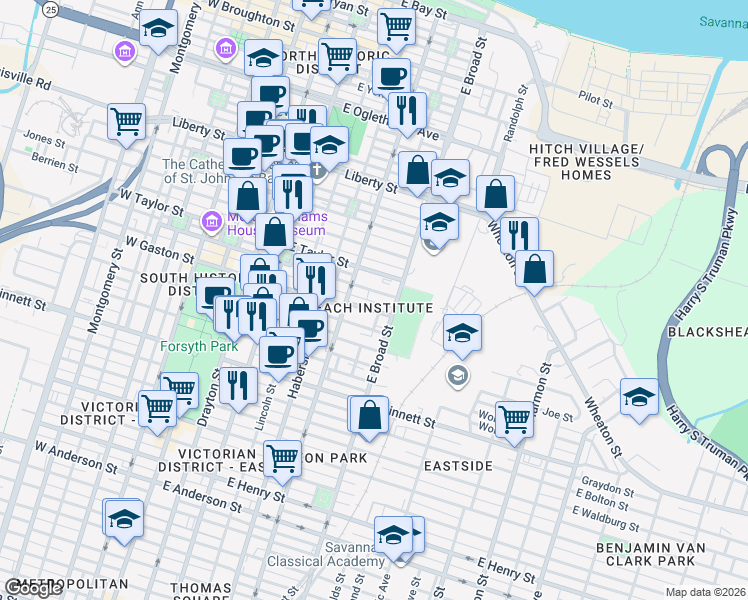 map of restaurants, bars, coffee shops, grocery stores, and more near in Savannah