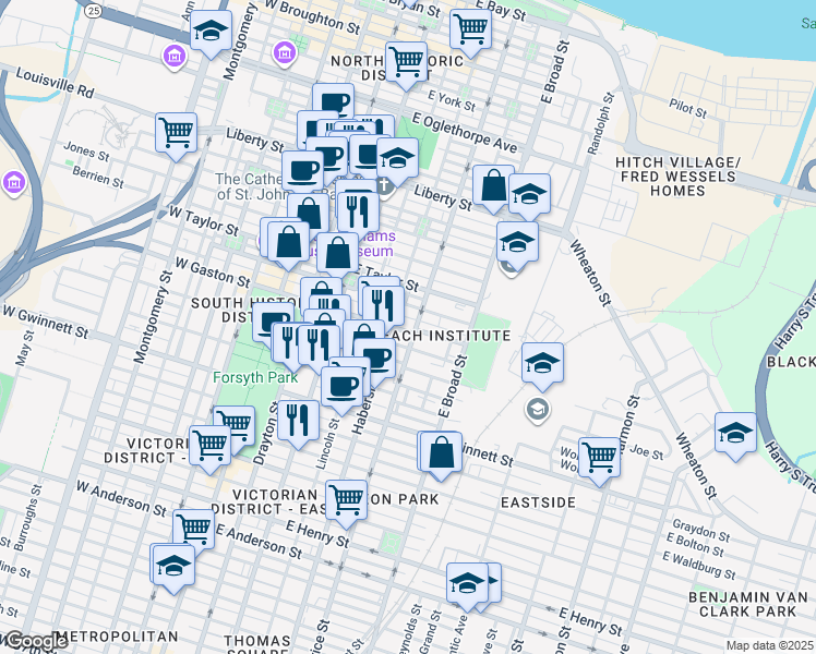 map of restaurants, bars, coffee shops, grocery stores, and more near 501 Price Street in Savannah