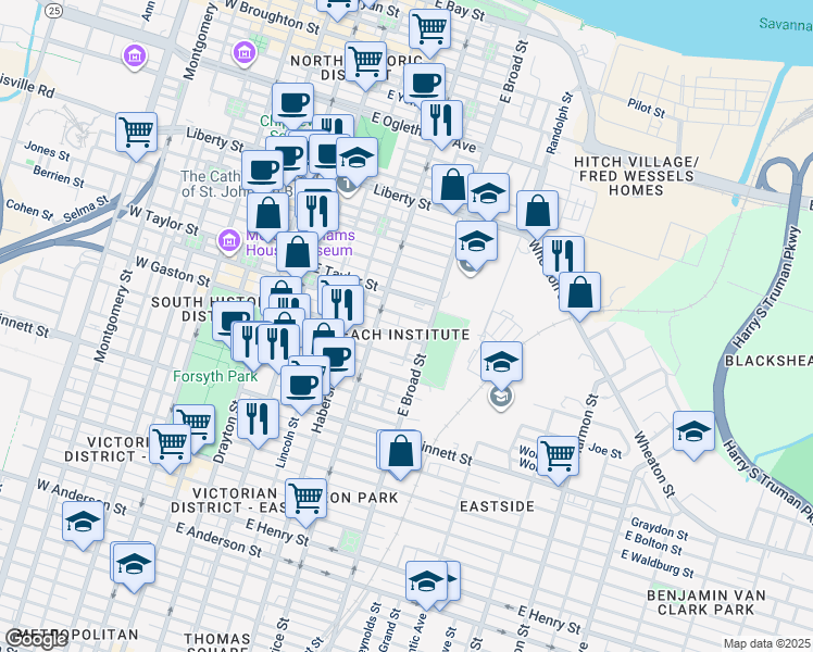 map of restaurants, bars, coffee shops, grocery stores, and more near 534 East Gordon Lane in Savannah