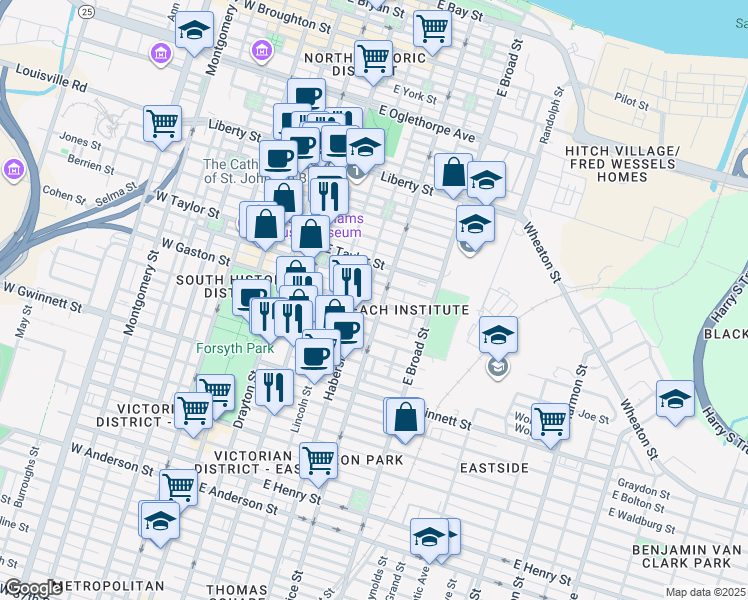 map of restaurants, bars, coffee shops, grocery stores, and more near 412 East Gaston Street in Savannah