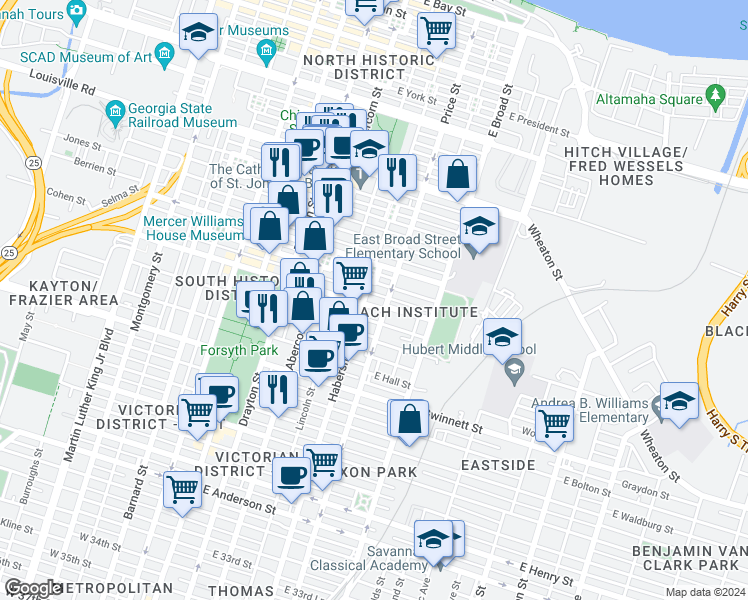 map of restaurants, bars, coffee shops, grocery stores, and more near 408 East Gaston Street in Savannah