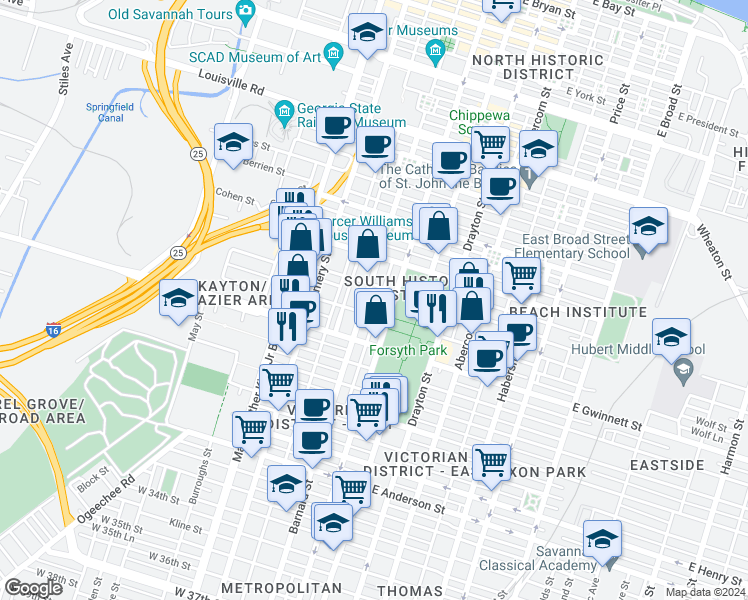 map of restaurants, bars, coffee shops, grocery stores, and more near 701 Whitaker Street in Savannah