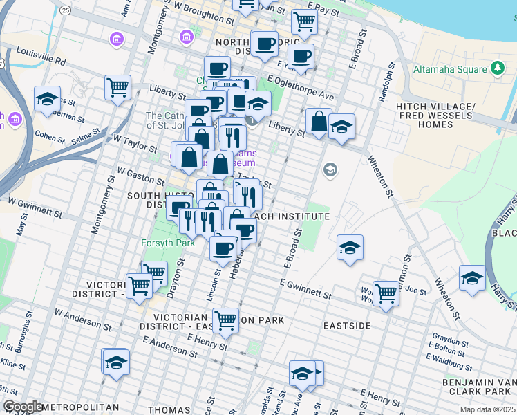 map of restaurants, bars, coffee shops, grocery stores, and more near in Savannah