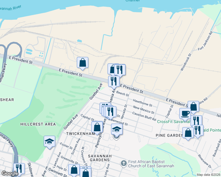 map of restaurants, bars, coffee shops, grocery stores, and more near 1928 Beech Street in Savannah