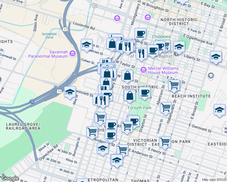 map of restaurants, bars, coffee shops, grocery stores, and more near in Savannah