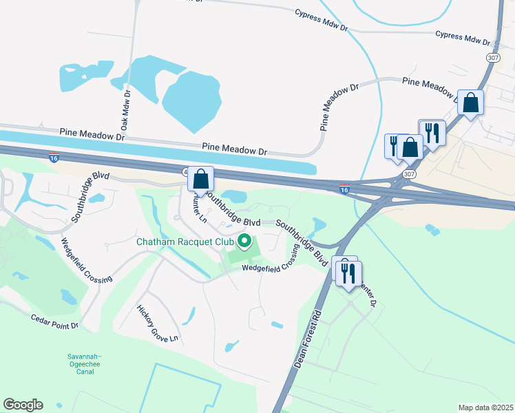 map of restaurants, bars, coffee shops, grocery stores, and more near 63 Steeple Run Way in Savannah