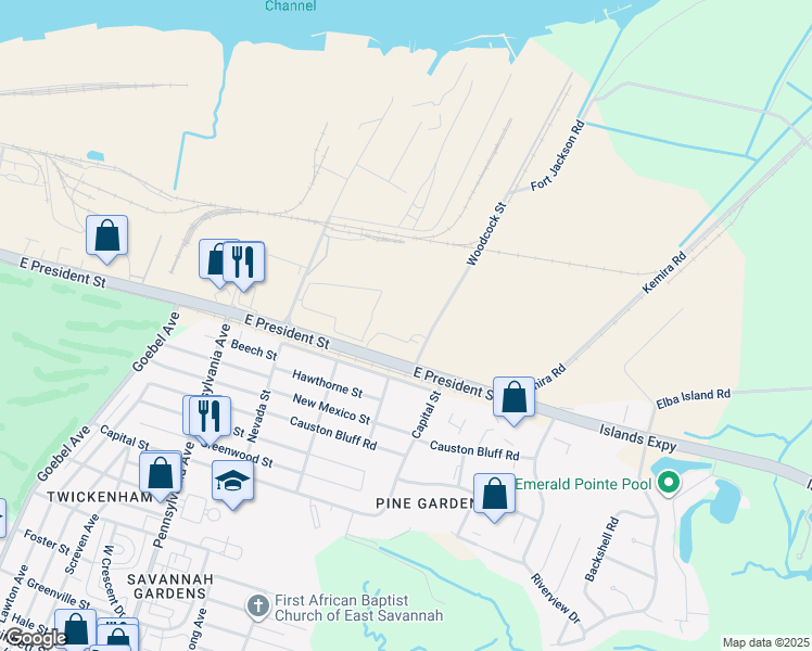 map of restaurants, bars, coffee shops, grocery stores, and more near 3 Woodcock Road in Savannah