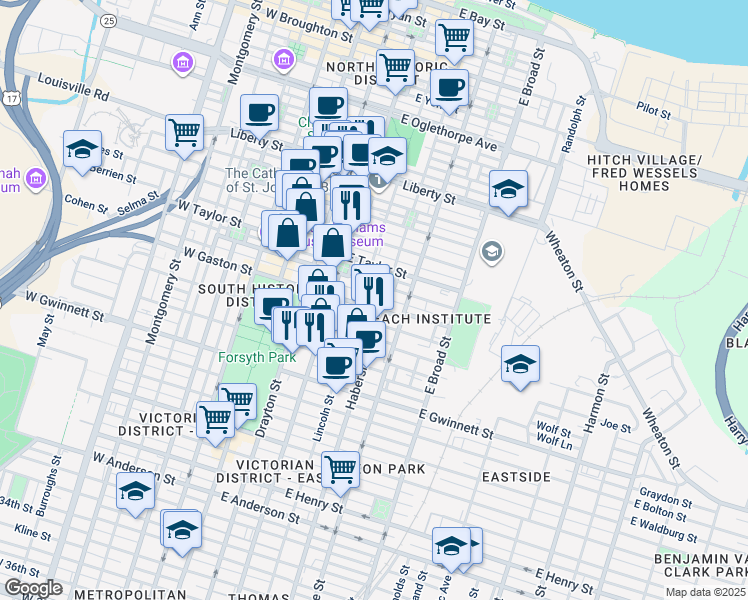 map of restaurants, bars, coffee shops, grocery stores, and more near 436 Lincoln Street in Savannah