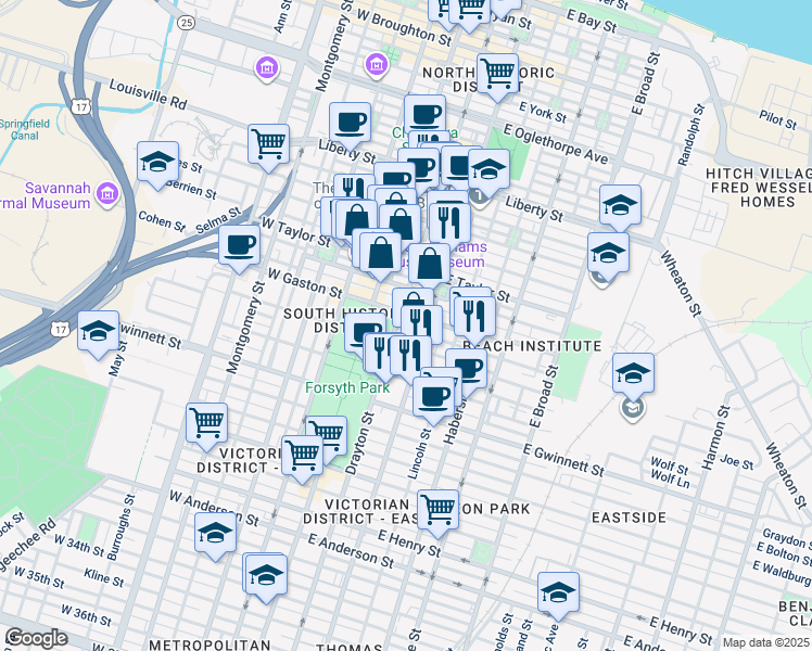 map of restaurants, bars, coffee shops, grocery stores, and more near 26 East Gaston Street in Savannah