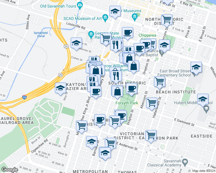 map of restaurants, bars, coffee shops, grocery stores, and more near in Savannah