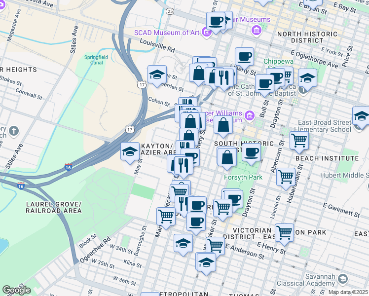 map of restaurants, bars, coffee shops, grocery stores, and more near 613 East Broad Street in Savannah