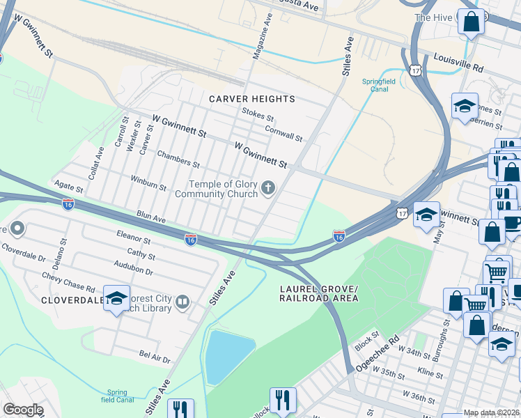 map of restaurants, bars, coffee shops, grocery stores, and more near 1224 Murphy Avenue in Savannah