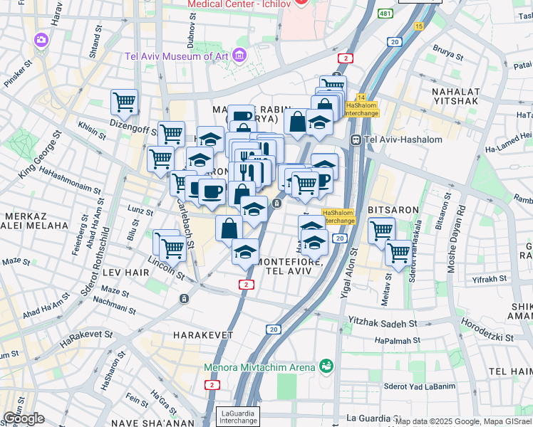 map of restaurants, bars, coffee shops, grocery stores, and more near Derech Menachem Begin in Tel Aviv-Yafo