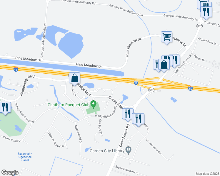 map of restaurants, bars, coffee shops, grocery stores, and more near 8 Steeple Run Way in Savannah