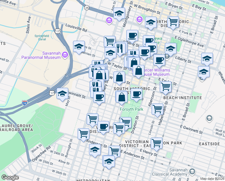 map of restaurants, bars, coffee shops, grocery stores, and more near in Savannah