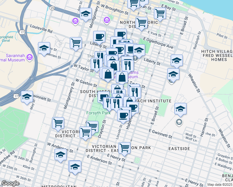 map of restaurants, bars, coffee shops, grocery stores, and more near 126 East Gaston Street in Savannah