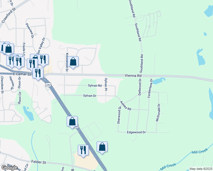 map of restaurants, bars, coffee shops, grocery stores, and more near 187 Sylvan Place in Americus