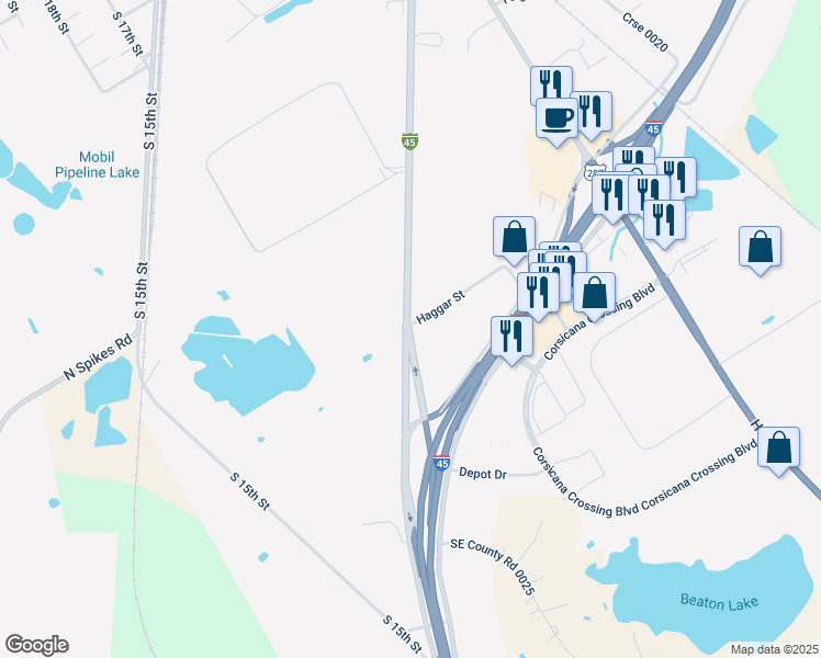map of restaurants, bars, coffee shops, grocery stores, and more near 1801 Interstate 45 Business Loop in Corsicana