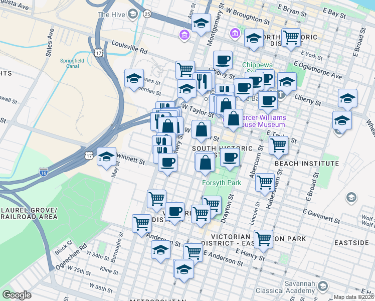 map of restaurants, bars, coffee shops, grocery stores, and more near 300 Lorch Street in Savannah