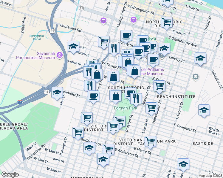 map of restaurants, bars, coffee shops, grocery stores, and more near 124 West Huntingdon Street in Savannah