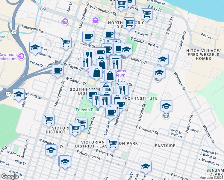 map of restaurants, bars, coffee shops, grocery stores, and more near 126 East Gaston Street in Savannah