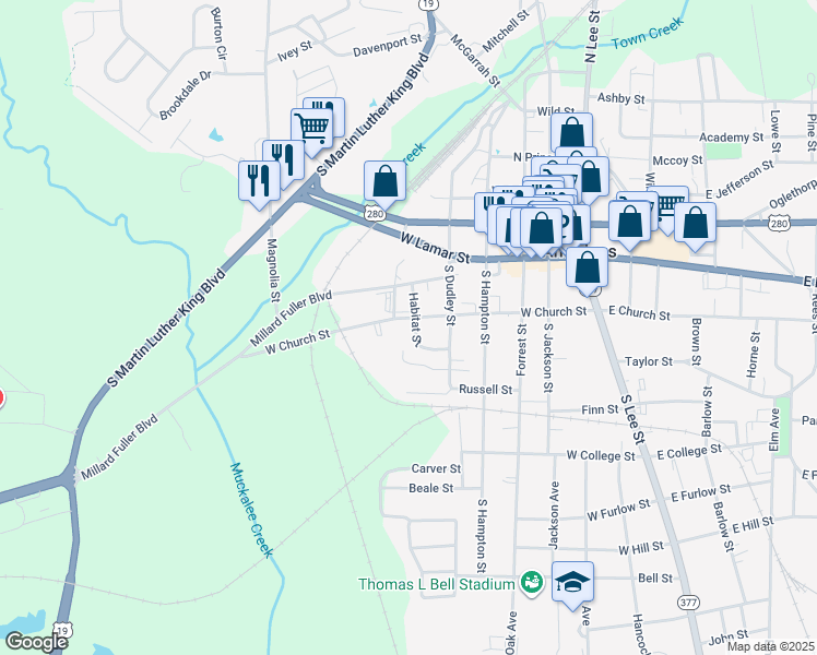 map of restaurants, bars, coffee shops, grocery stores, and more near 203 Habitat Street in Americus