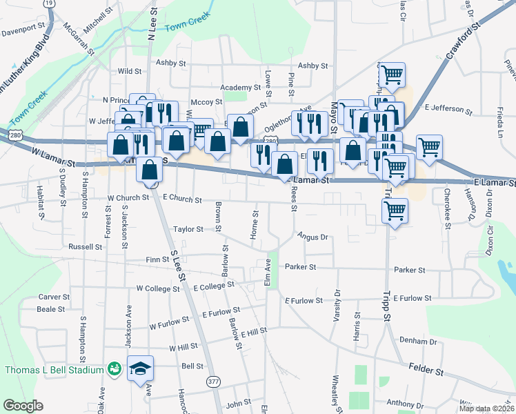 map of restaurants, bars, coffee shops, grocery stores, and more near 623 East Church Street in Americus