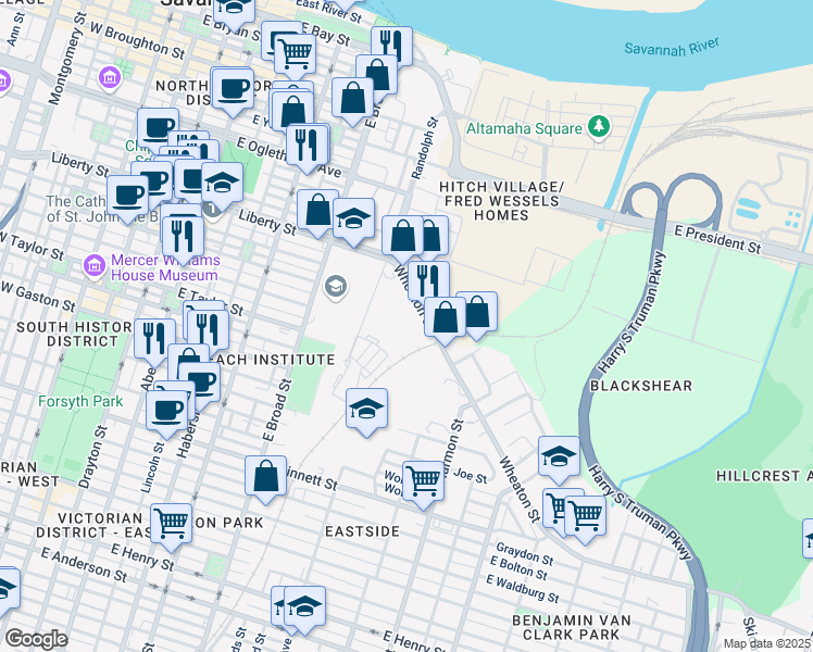 map of restaurants, bars, coffee shops, grocery stores, and more near 732-746 Wheaton St in Savannah