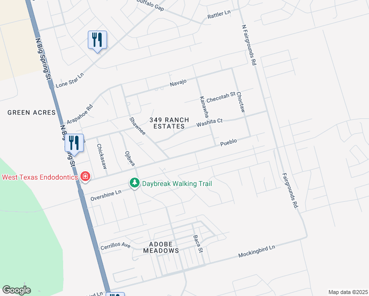 map of restaurants, bars, coffee shops, grocery stores, and more near 1515 Pueblo in Midland
