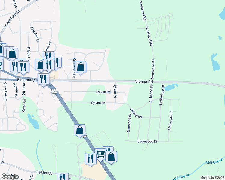 map of restaurants, bars, coffee shops, grocery stores, and more near 187 Sylvan Place in Americus