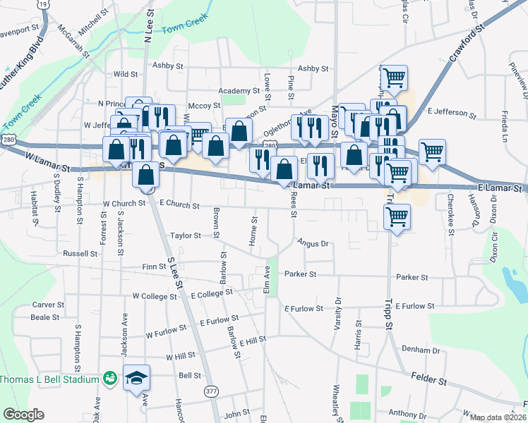 map of restaurants, bars, coffee shops, grocery stores, and more near 623 East Church Street in Americus